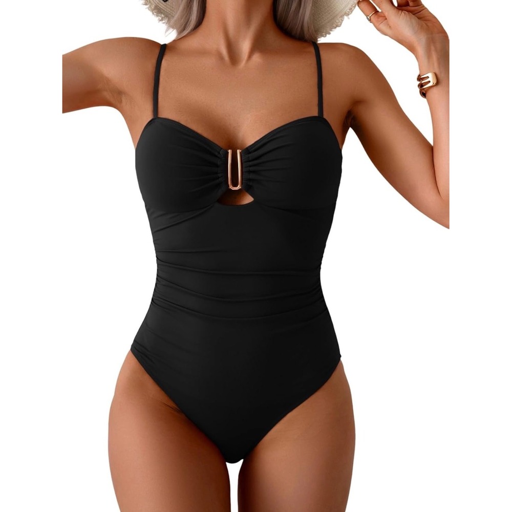 Eomenie Women Black Ruched One Piece Swimsuit Gold Hardware Size M